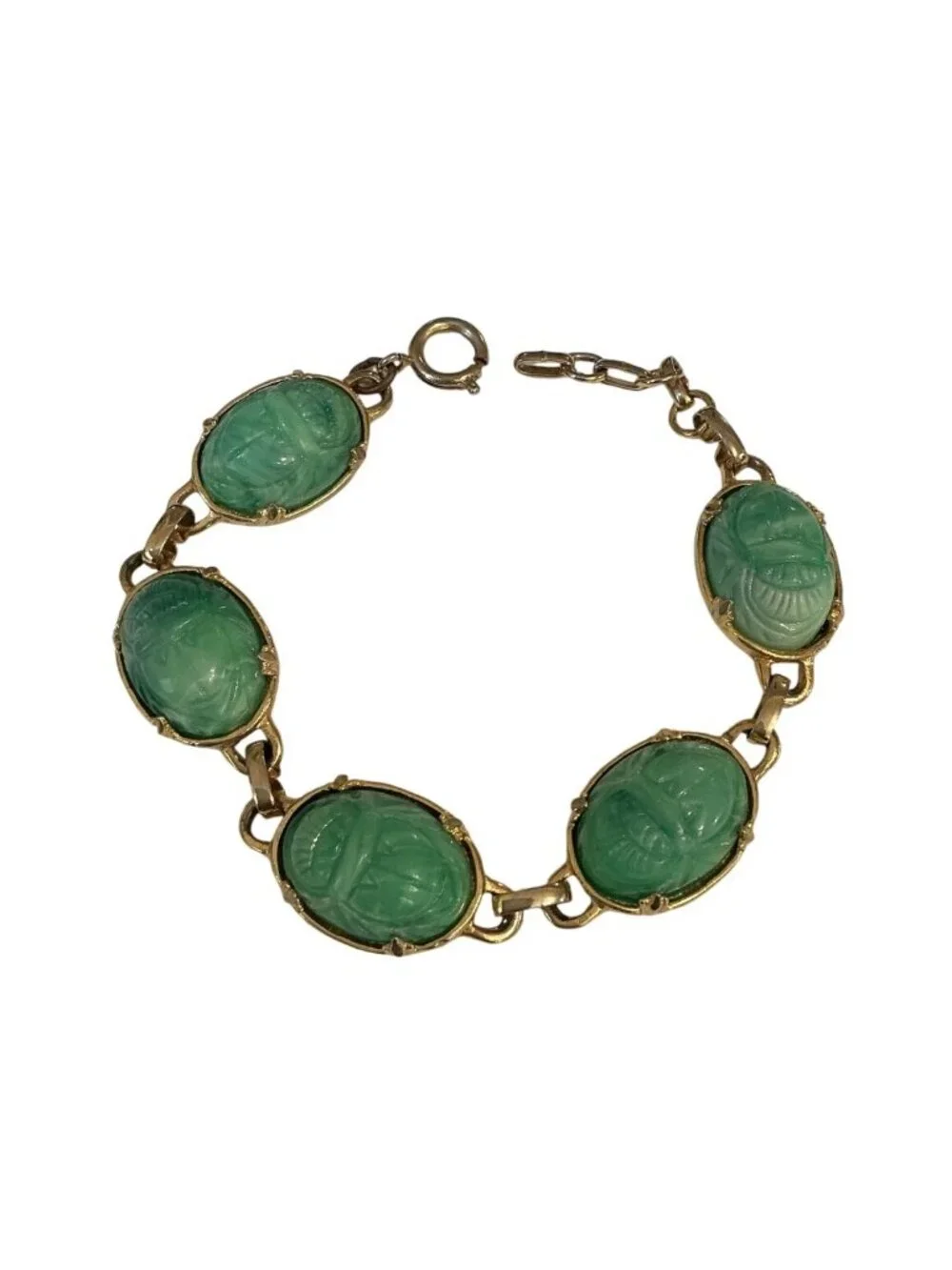 Vintage GoldTone Scarab Bracelet With Green Cabochons  Egyptian Revival Inspired - Picture 3 of 5